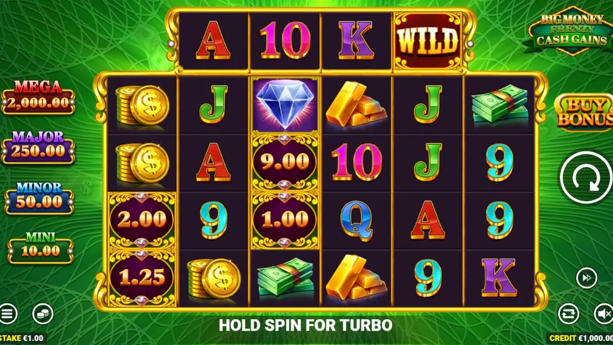 Tampilan antarmuka slot Big Money Frenzy Cash Gains yang menampilkan simbol uang dan emas di dalam brankas.