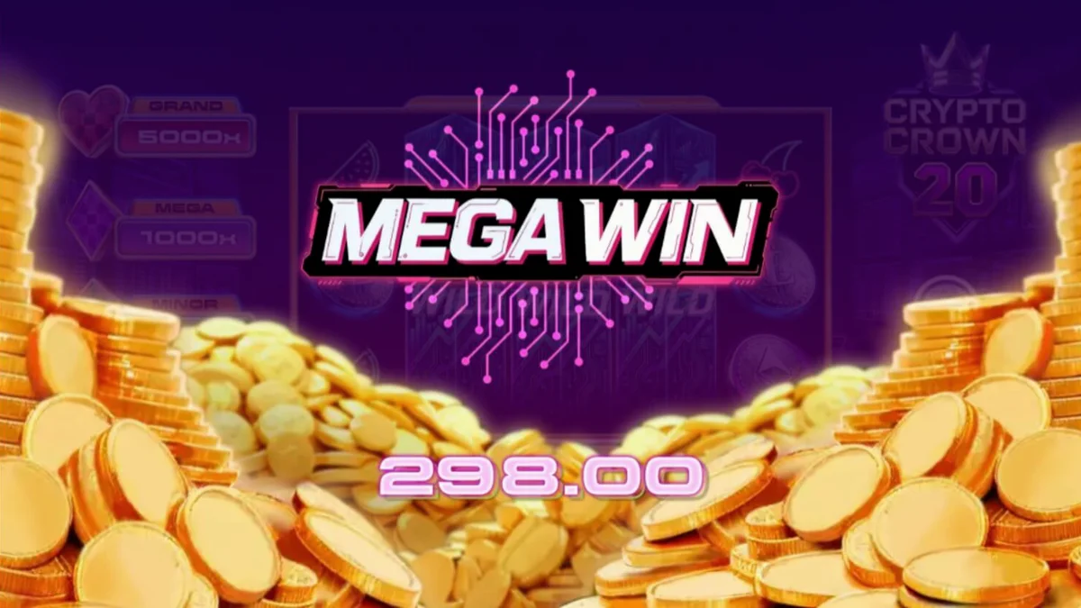 Tampilan layar permainan slot Crypto Crown 20 dengan simbol kripto neon